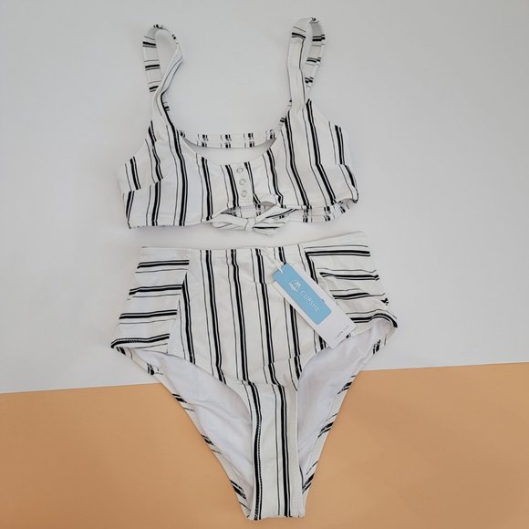Cupshe Swim Cupshe Black And White Vertical Stripe High Waisted Bikini Nwt Size Xs Poshmark
